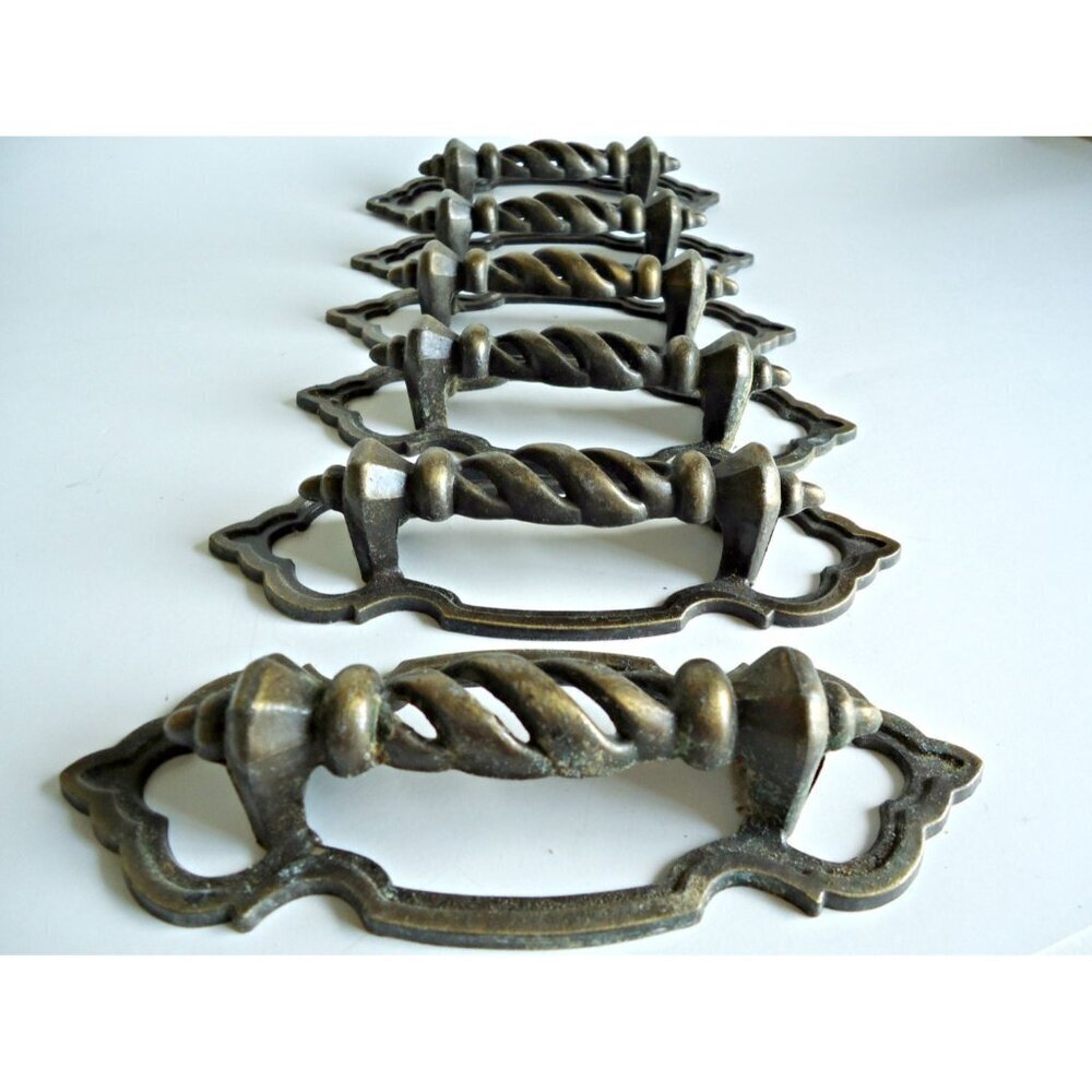6 Vintage Metal Brass Drawer Pulls  Nice Patina